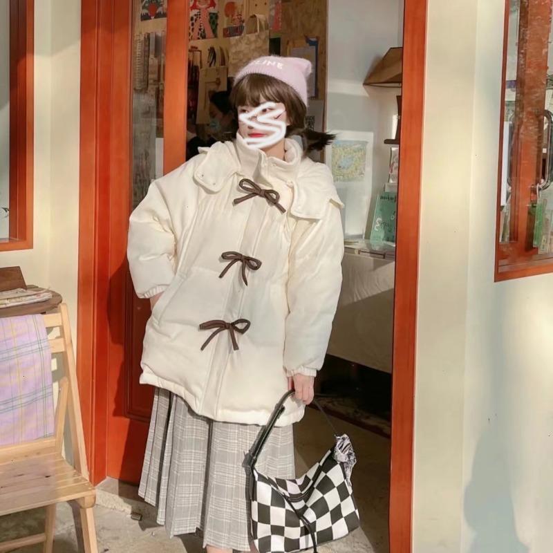 Chaqueta de Algodón Plumífero Engrosada Blanco Leche Lazo Chaqueta Plumífero para Mujer Diseño Corto Pequeño Estilo Universitario