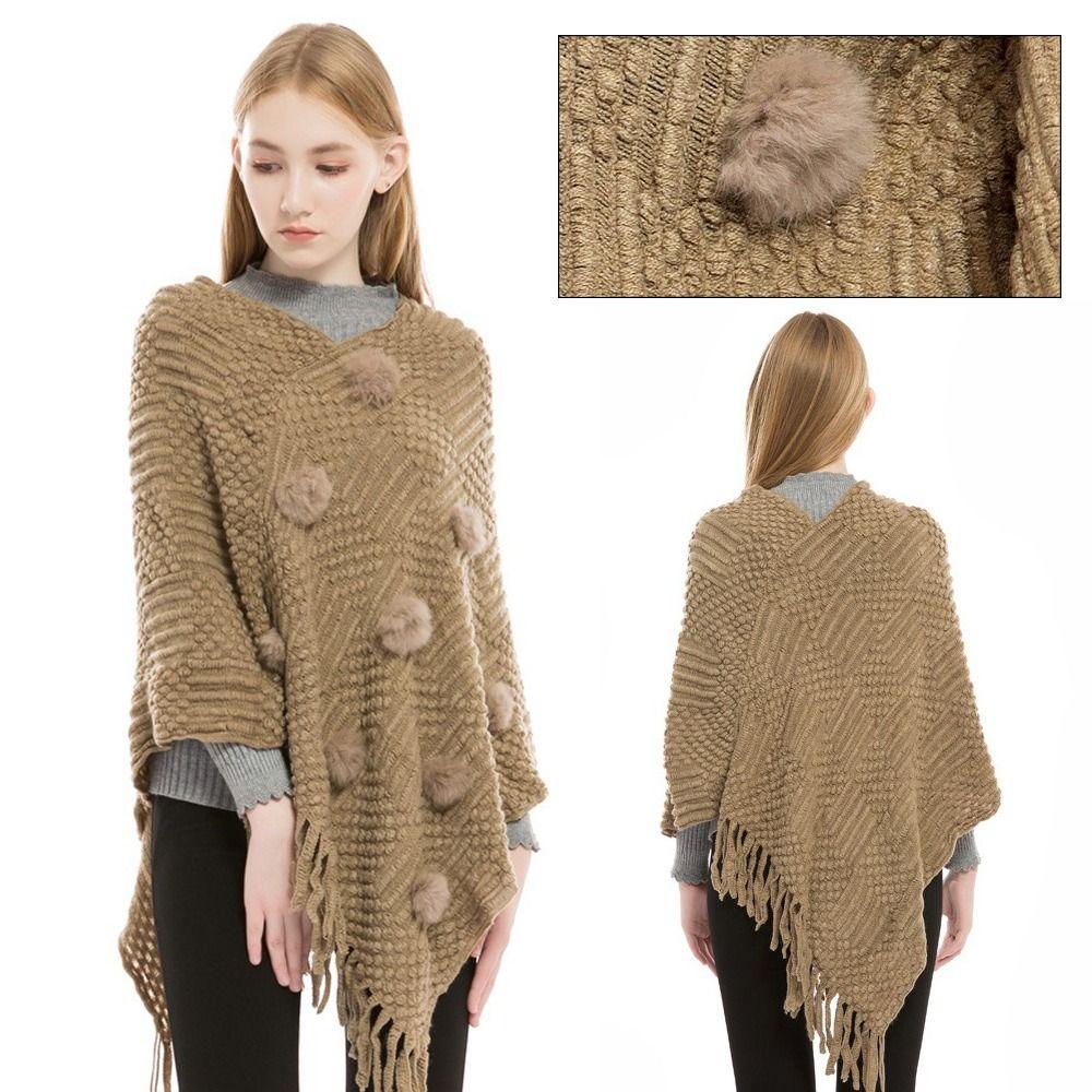 New Imitation Cashmere Warm Shawl Plus Size Rabbit Fur Ball Wrap Cloak Solid Color Tassels Scarf