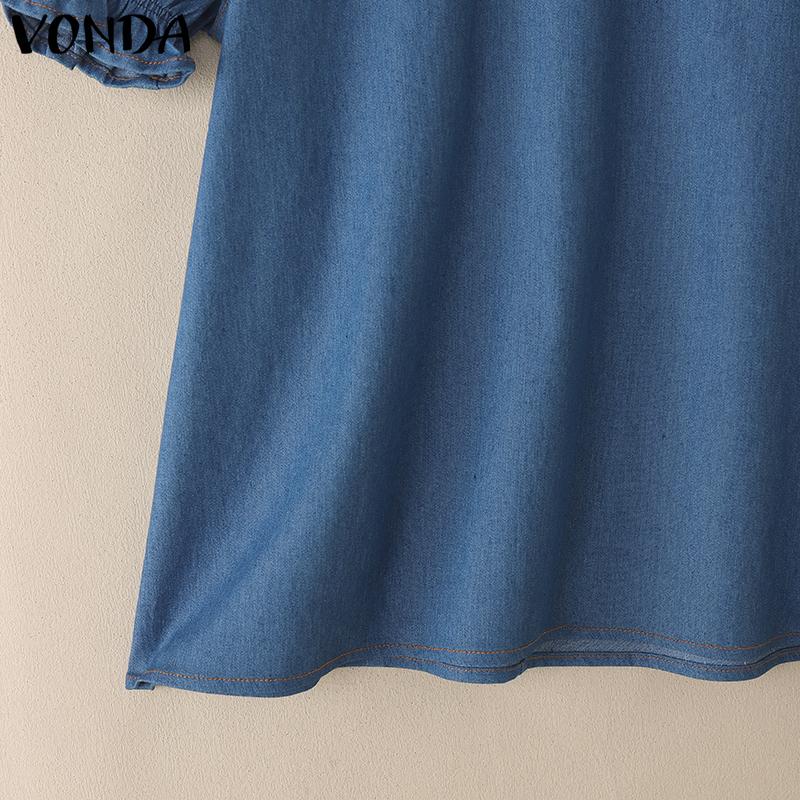 VONDA Summer Women Puff Sleeve Demin Blue Casual Tops Blouse