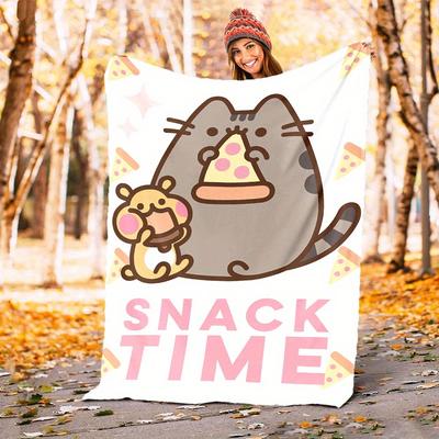 1pc Pusheen Snack Theme Design Flannel Blanket - 3D Printed Soft Warm, All-Season Lightweight Throw for Camping Travel Bed-080735
