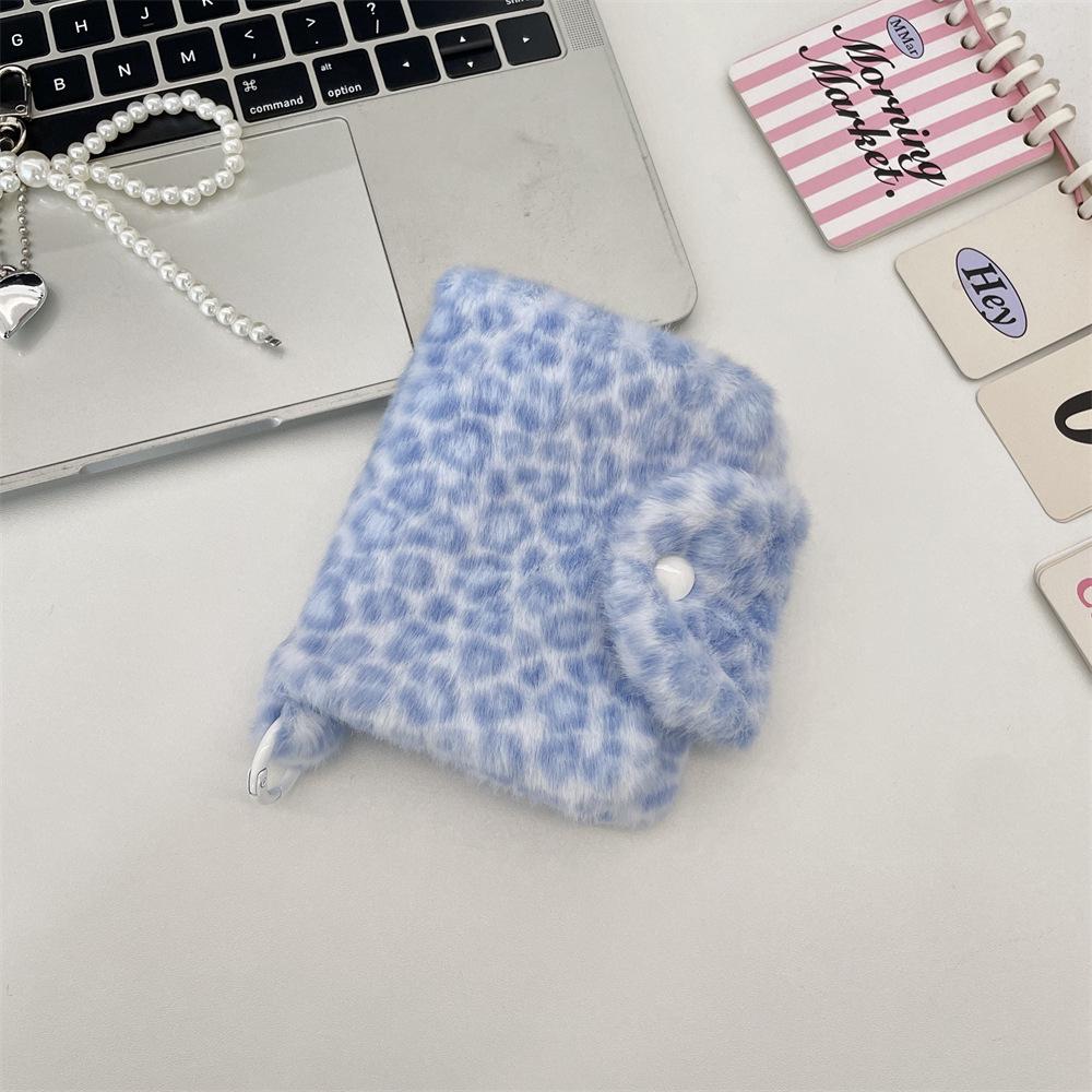 Pink Leopard Coin & Sundries Storage Bag - Cute Blue Plush Large Capacity Portable Card Holder