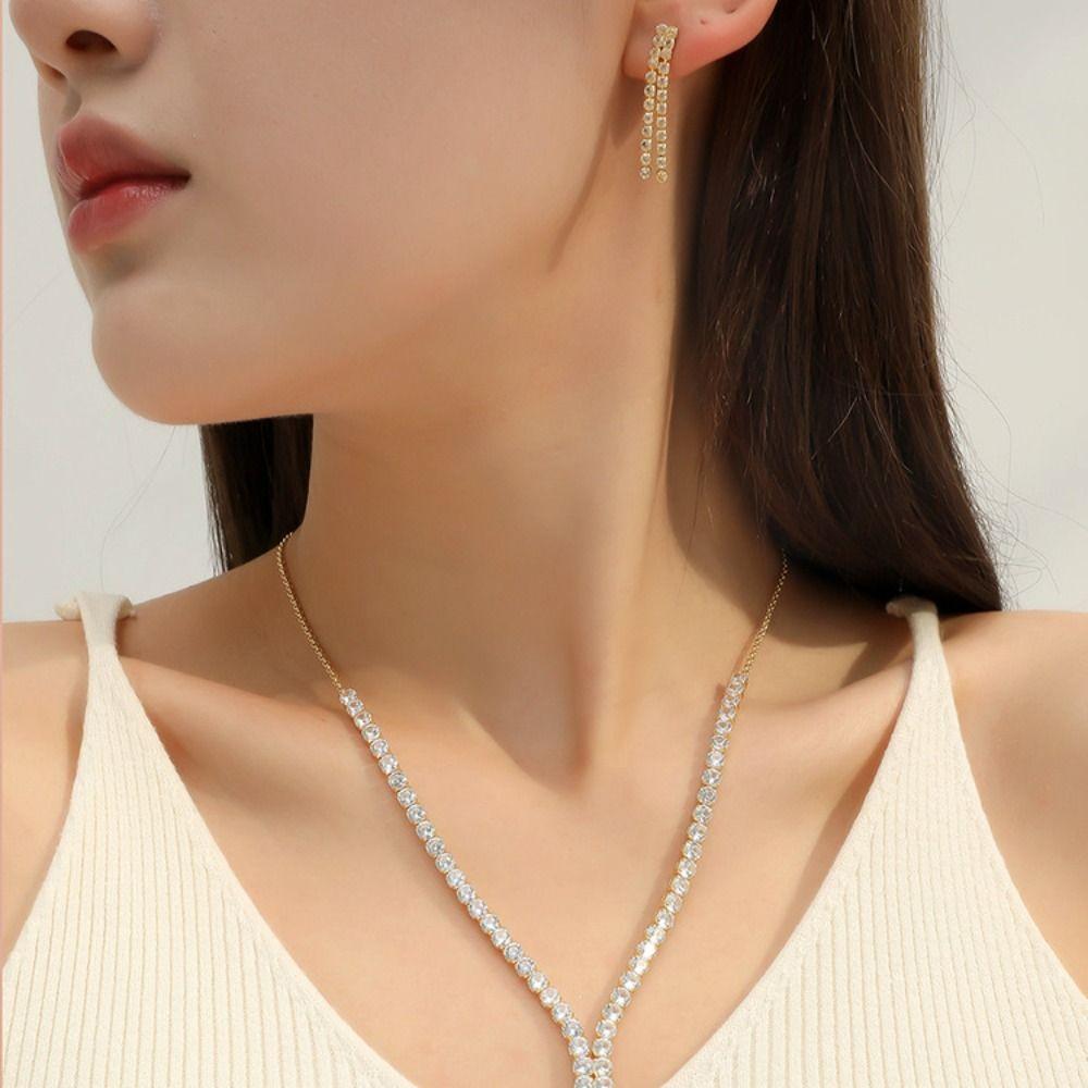 

Shiny Simple Tassel Zircon Crystal Jewelry Set Korean Style Jewelry 2 Layer Earrings Women Necklace