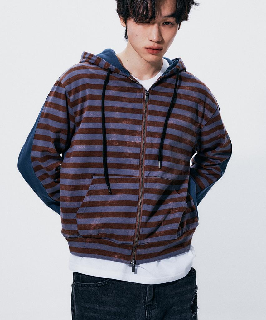 Someplace Man Striped Asymmetrical Layered Color Block Casual Zip-Up [Navy]