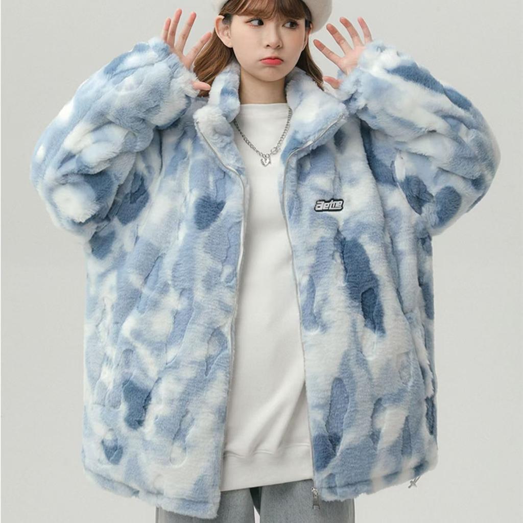 Tie-dye Lamb Wool Coat for Men and Women's New Cotton Clothes, Thickened Loose Stand-up Collar Imitation Fur Coat