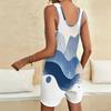 Women Plus Size Scoop Neck Sleeveless Blue White Printed Loose Romper With Patch Pockets