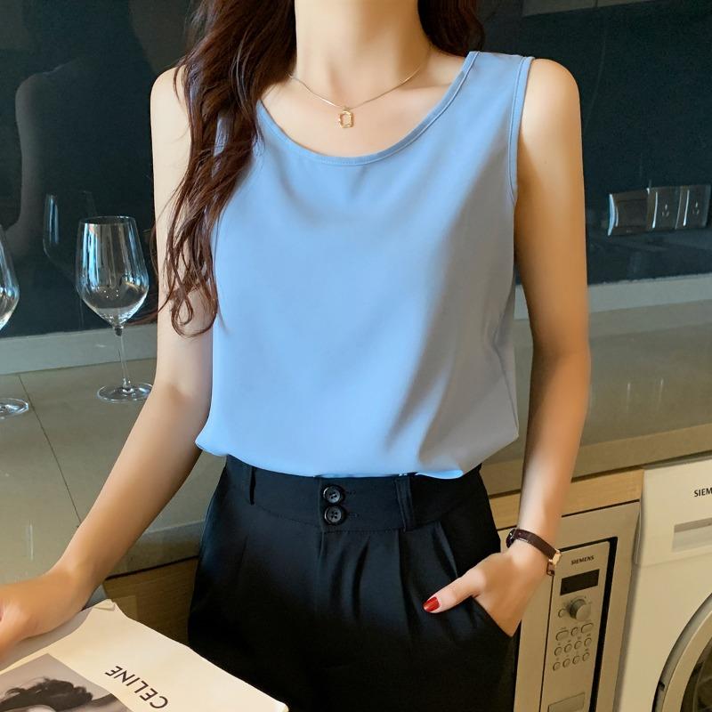 

Chiffon camisole women s loose round neck outer wear bottoming shirt small suit inner sleeveless top0990 XL синий