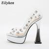 Eilyken Autumn New Fashion Heels Bling Peep Toe Spike Pumps Women High Heels Shoes Platform Shallow Slip-On Party Ladies Sandals Shoes
