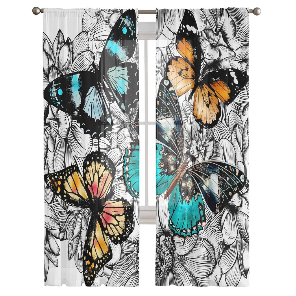 Flower Butterfly Tulle Curtains for Bedroom Living Room Chiffon Drapes Home Decor Sheer Window Treatments