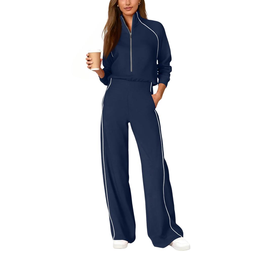 Women's Fashionable Casual Long-Sleeved -Color Sweatshirt And Wide-Leg Pants Two-Piece Set