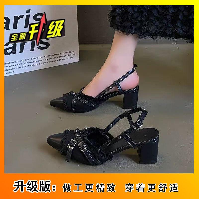 High heels, black temperament bag head sandals, French popular thick heel slippers, design sense single shoes 2025 spring and summer new models