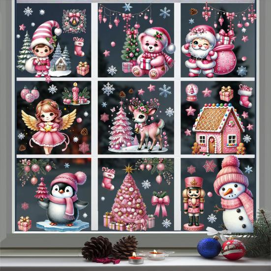 9Pcs/Set Christmas Stickers Self-adhesive Glass Film Snowman Elk Santa Claus Xmas Tree Patterns Removable