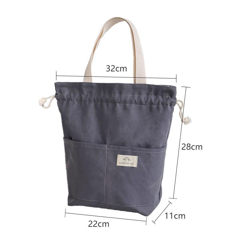 1pc Portable Lunch Bag With Drawstring Bento Storage Bag with Pocket Office Students Food Storage Bag Simple Japanese Style