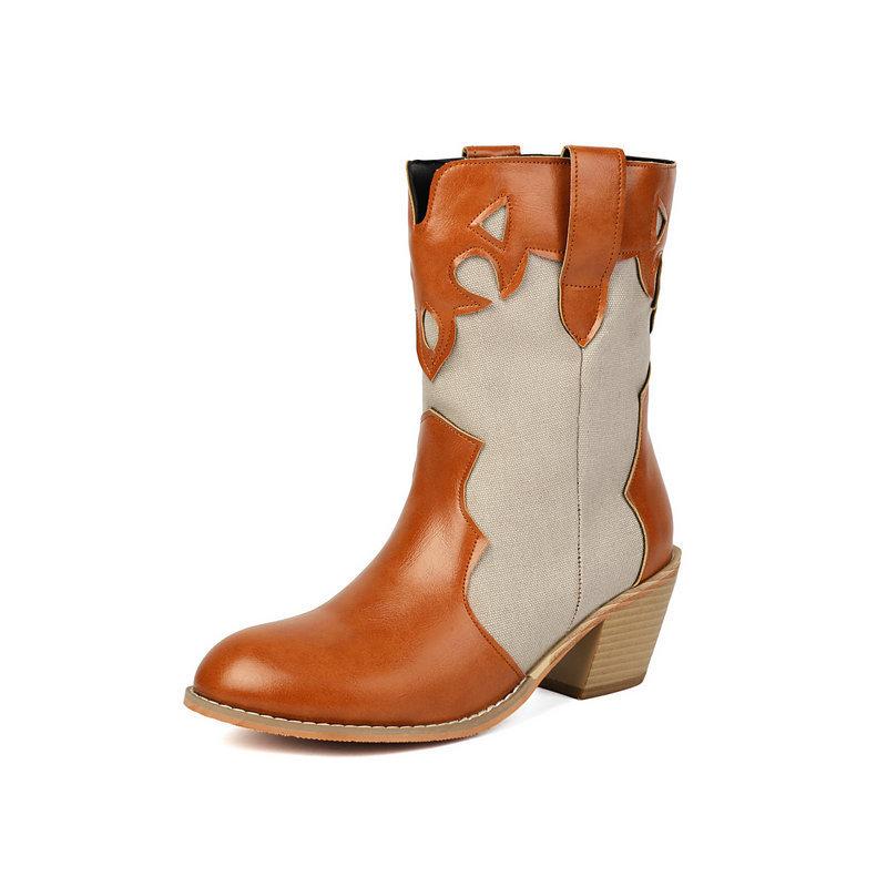  short boots round head thick heel high heel V-mouth western cowboy boots color matching autumn and winter mid-tube knight boots