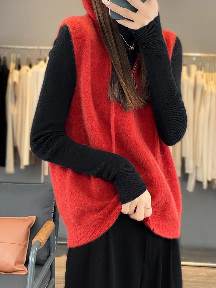 2025 A/W Hooded Wool Knit Vest - Zippered Sleeveless Sweater Coat