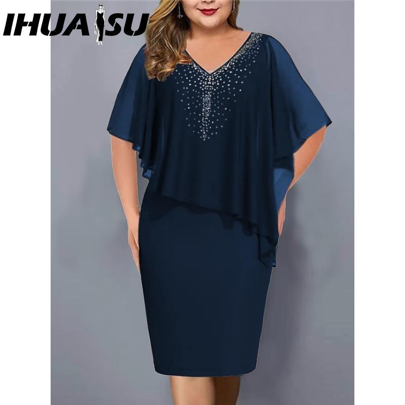

IHUASU Женское платье большого размера с V-образным вырезом, асимметричное, облегающее ягодицы, шифоновое платье с пайетками(L-5XL) XXXL синий