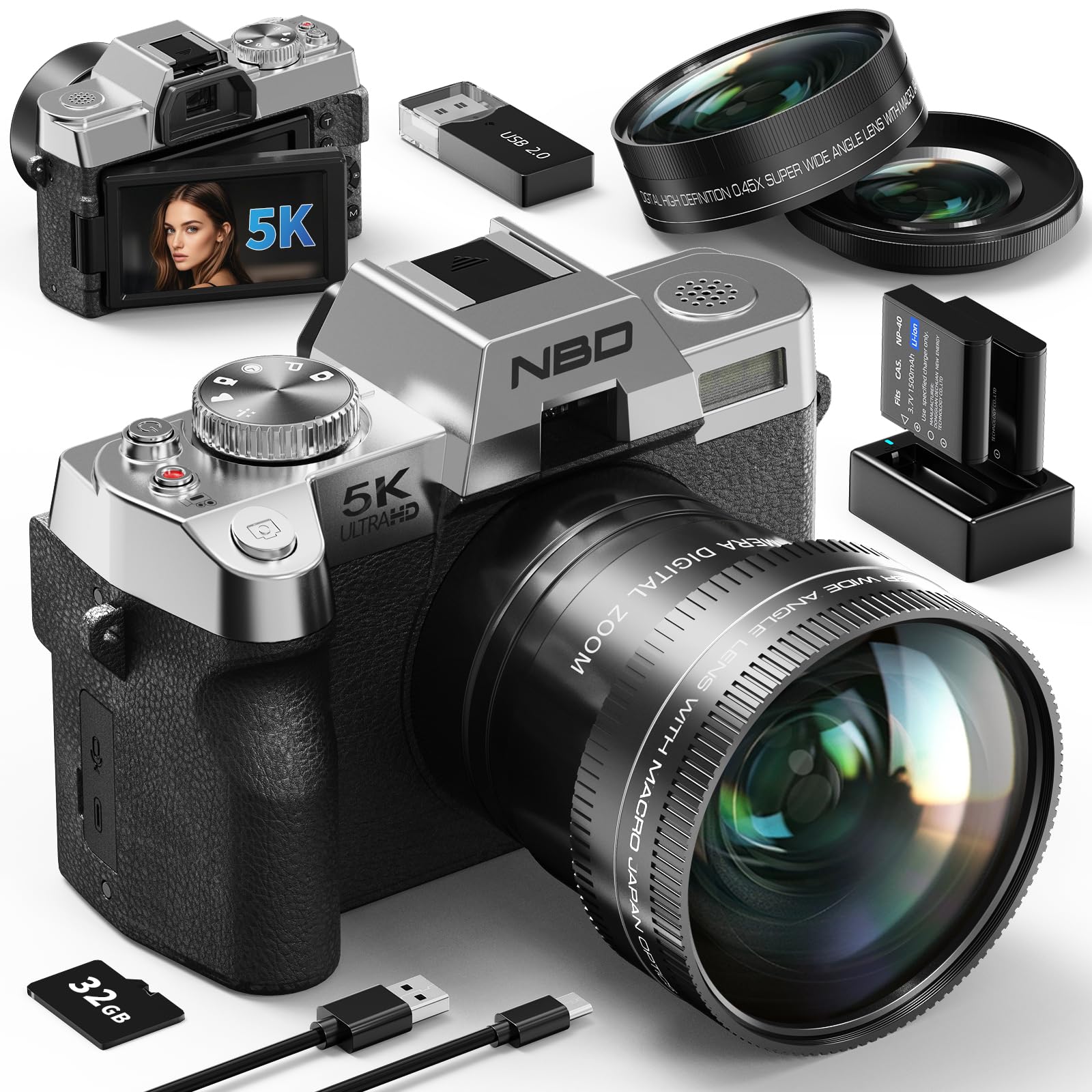 

NBD 5K 48MP Digital Camera New 16x Zoom SLR Camera with Flip Screen Image and App Control Macro Lens [2025 Model, Color] 180° Autofocus,