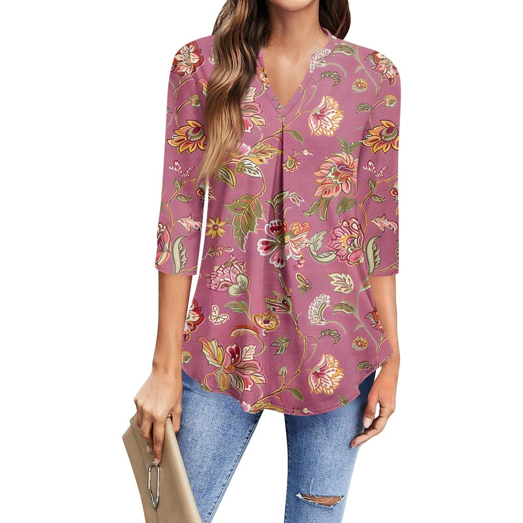 Damen Mode Lässiges Dreiviertelarm T-Shirt Bedrucktes V-Ausschnitt Top