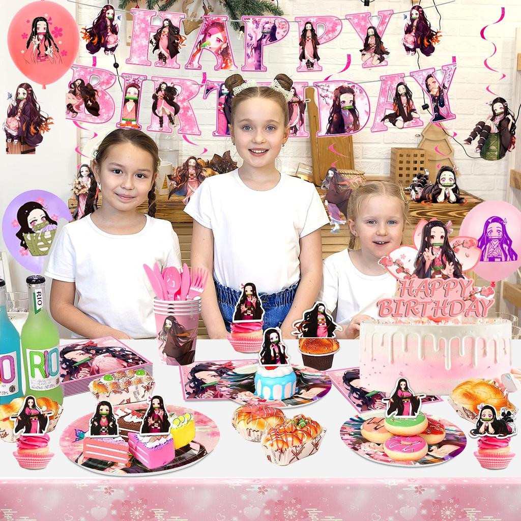 Dekorace na narozeninovou oslavu Nezuko, 117 ks party dekorací zahrnuje balónky, party talíře Nezuko, ubrousky atd. Dekorace na narozeniny s démonickým anime
