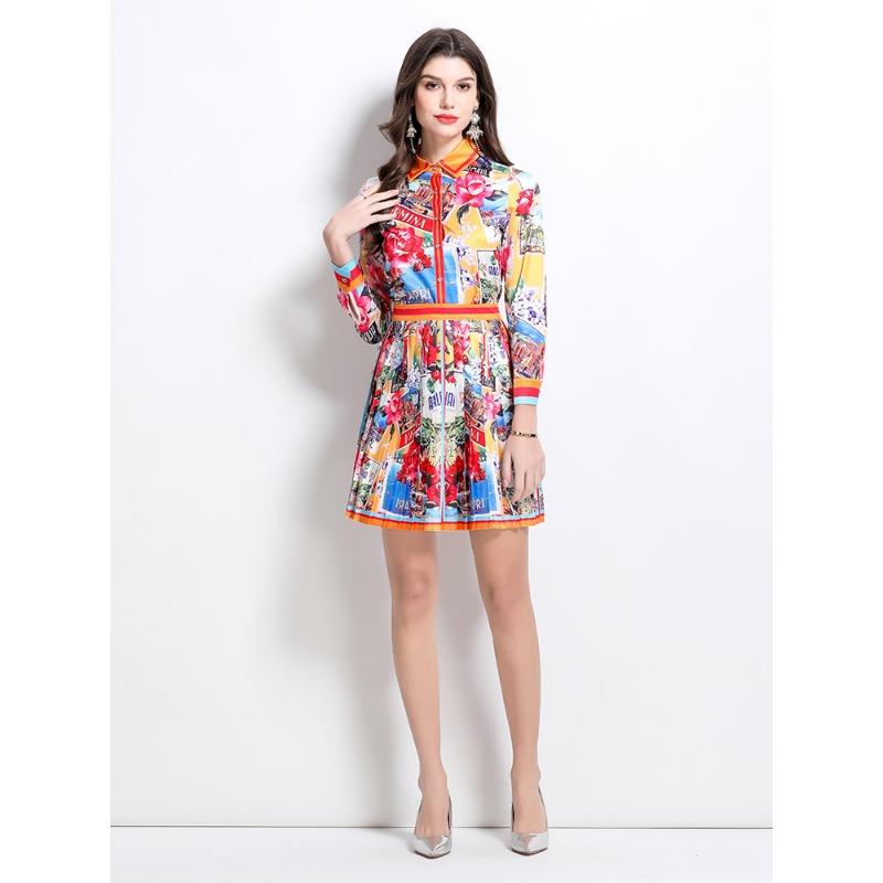 Spring Summer Designer Runway Print Letter 2 Piece Set Women's Lapel Shirt + Mini Short Pleated Skirt Office Lady Suits