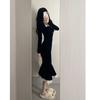 French Square Neck Black Fishtail Dress Women's Winter Retro Gentle Slim Velvet Hip Skirt Temperament Long Skirt