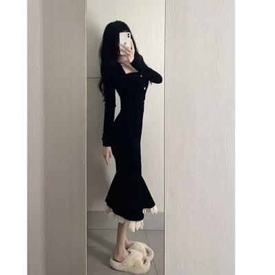 French Square Neck Black Fishtail Dress Women's Winter Retro Gentle Slim Velvet Hip Skirt Temperament Long Skirt