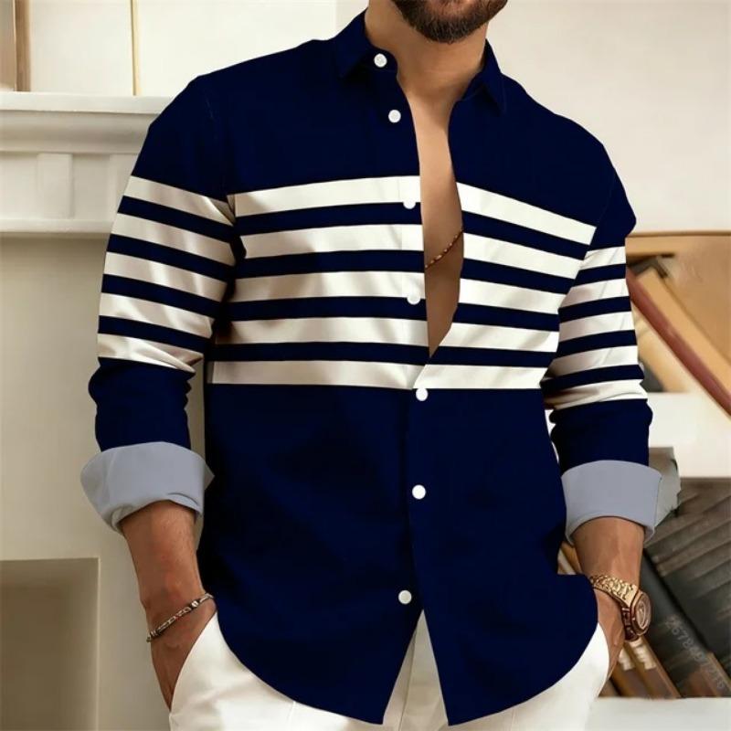 Men Color Block Horizontal Stripe Lapel Long Sleeve Shirt S