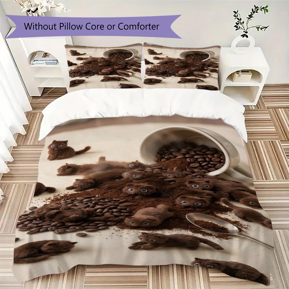 Coffee Black Cat Pattern Bedding Uilt Set Uilt Cover Pillowcase Home Decoration Birthday Gift (1 * Duvet Cover + 2 * Pillowcase Without Core)