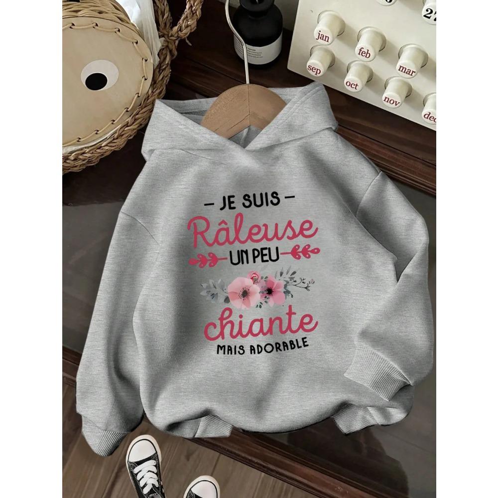 Kids French Quote Flower Print Hoodie Autumn Winter Fleece Warm Sweatshirt Floral Graphic Casual Pullover Hooded Sweatshirt