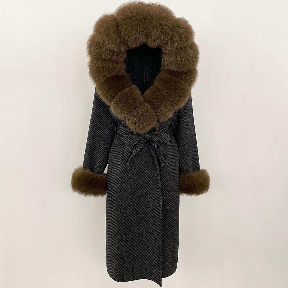 OFTBUY Autumn Winter Women Coat Real Natural Fox Fur Collar Hooded Double-faced Woolen Blends Jacket Thick Warm Casual Overwears