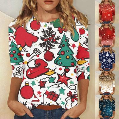 Women's Fashion Casual Round Neck 3/4 Sleeve Loose Christmas Printed T-Shirt Ladies Top