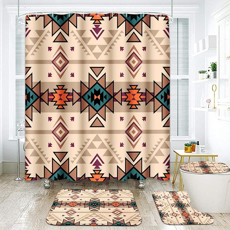 ArtSocket African Boho Retro Bathroom Set with Shower Curtain and Rugs Accessory, Traditional Rhombus Summer Colorful Abstract Shower Curtain for