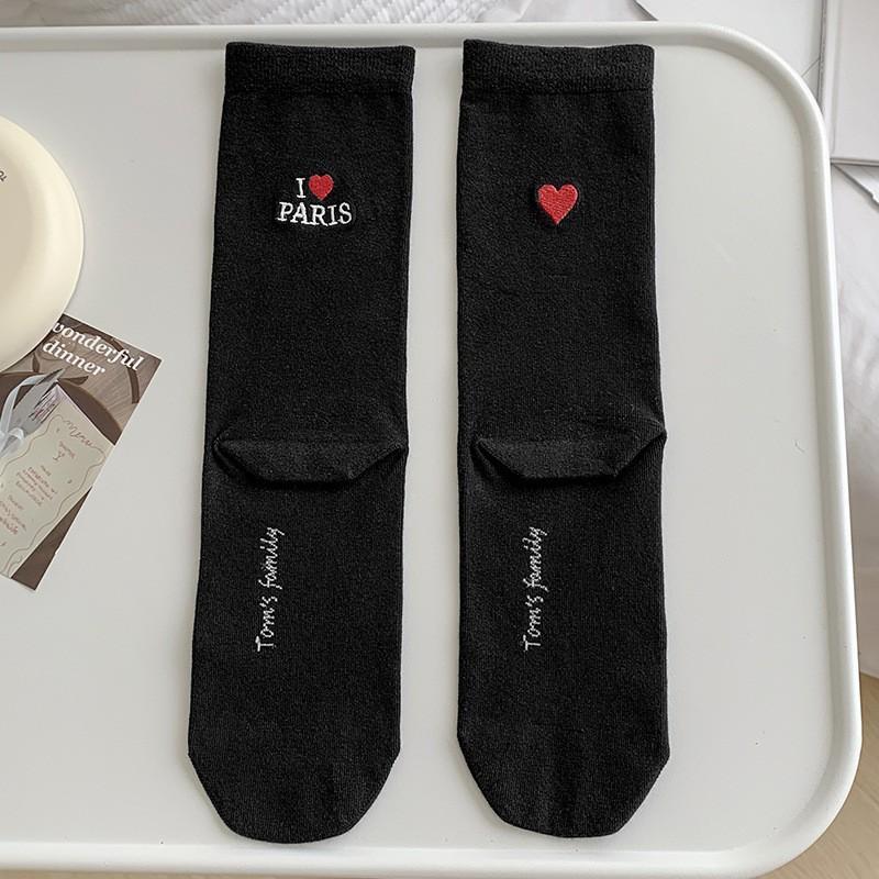 White Socks Pure Cotton Stacking Socks Heel Embroidered Love Letters Spring And Autumn Thin Cotton Medium Tube Socks