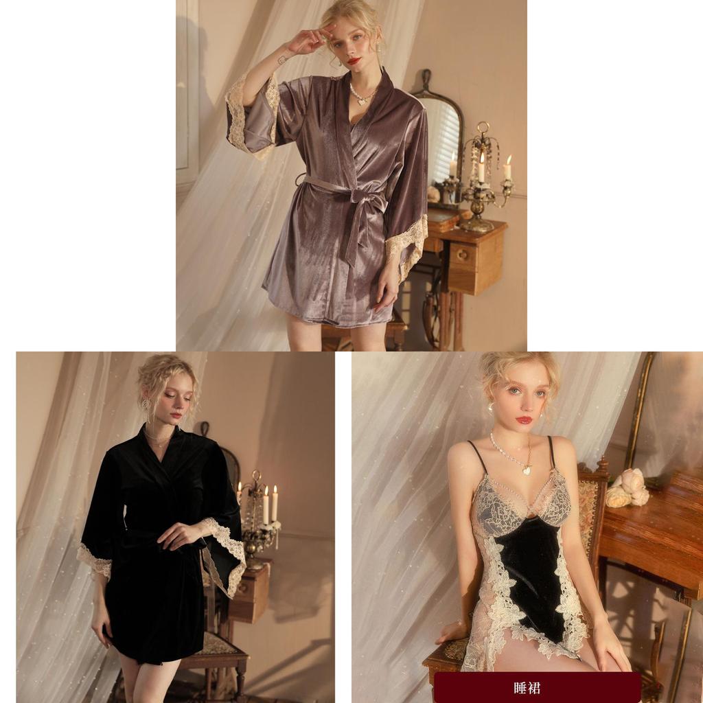 French Lace Velvet Sleepwear Set With Vneck Design For Women Home Use