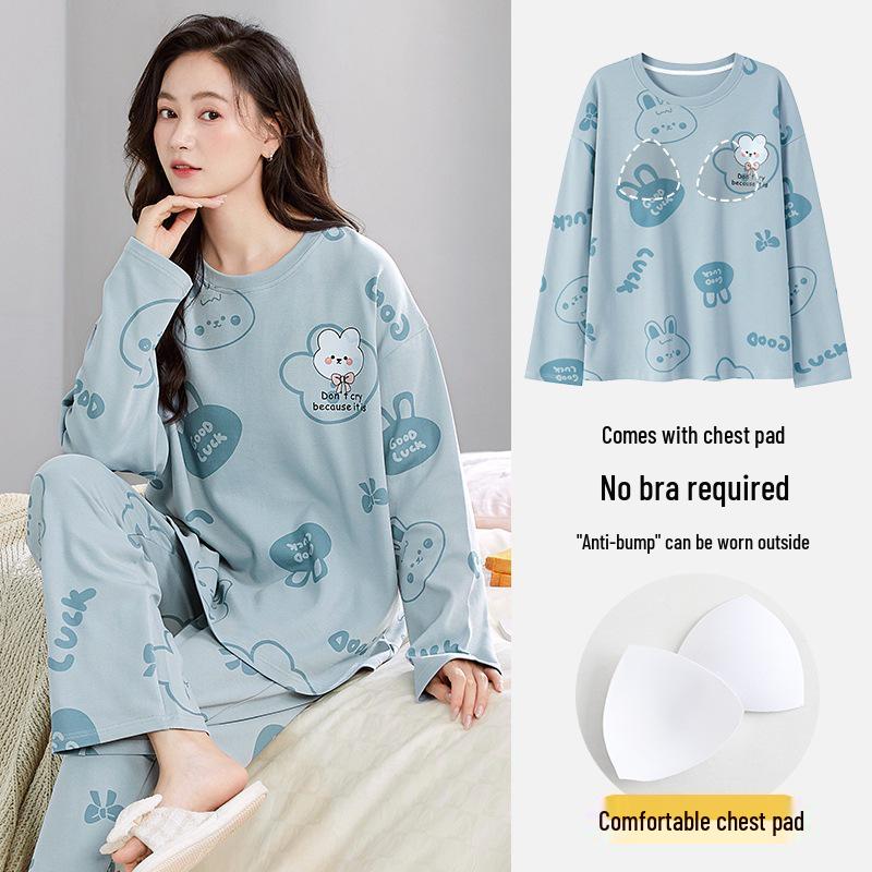 Women's 2025 Long-Sleeve Cartoon Pullover Pajamas with Chest Pad - Versatile Cotton Set for Indoor/Outdoor Wear (Autumn/Winter).