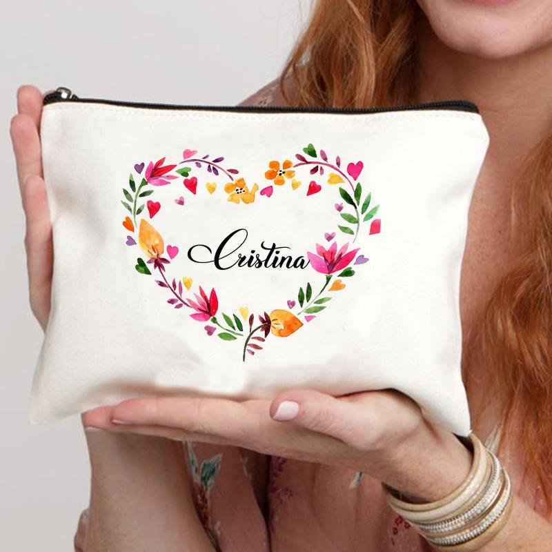 Garland Personalized Name Canvas Cosmetic Bag Travel Zipper Storage Toiletry Bags Retro Pencil Case Teacher Bride Gift Customize