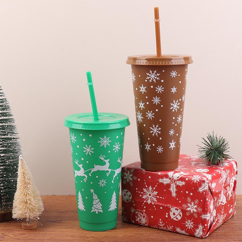 710Ml Christmas Coffee Straw Cup Reusable Xmas Tree Snowflake Plastic Cup With Lid  Year 2026 Christmas Party Favors Decor