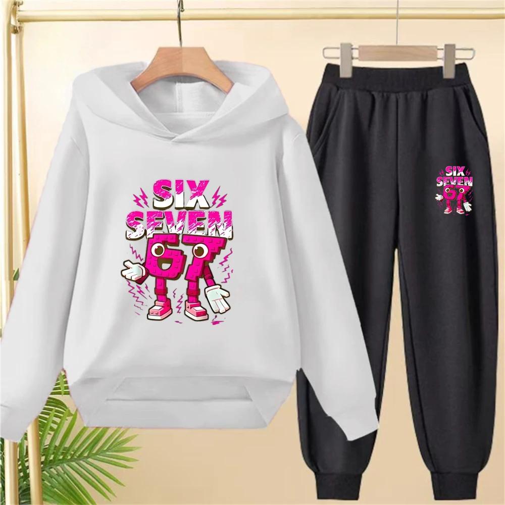 Children From 3 To 12 Years Old 67 Printed Hooded Sweatshirt and Black Top and Pants Suit, Suitable for Girls and Boys