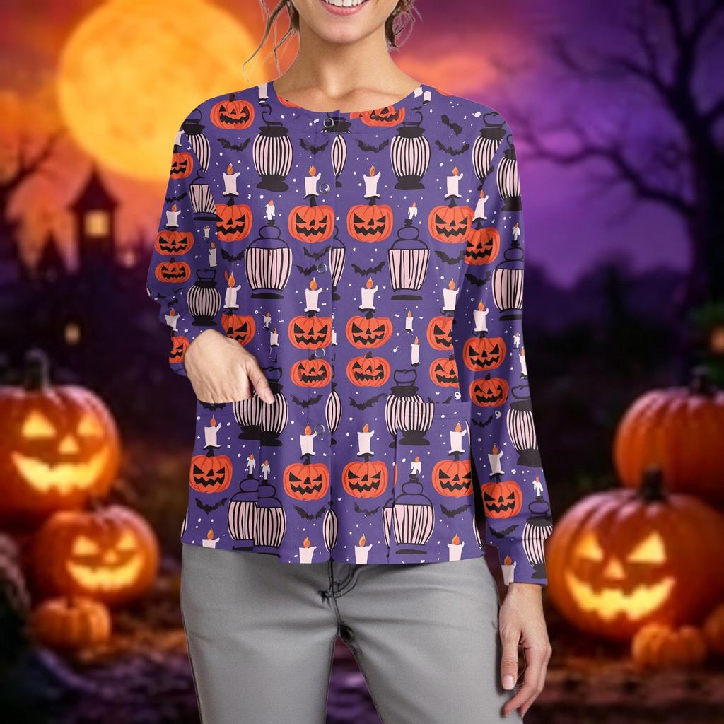 Women's Casual Long Sleeve Single Breasted Halloween Print Caregiver Cardigan Top Lightweight Comfortable Fit