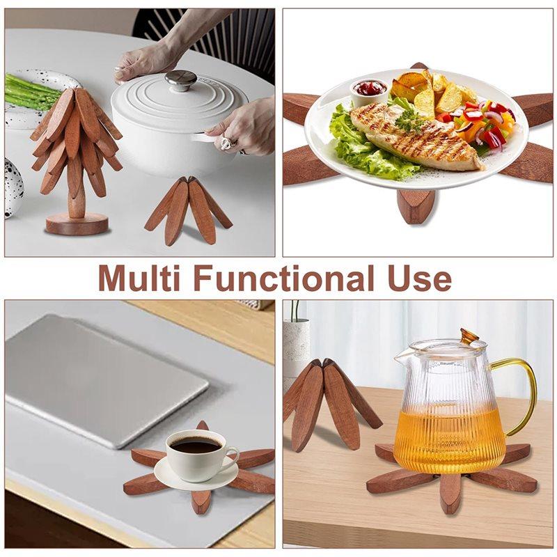 ABMH-Wood Christmas Tree Trivet Set - Includes 5 Foldable Coasters & 1 Stand, Perfect For Hot Dishes And Table Protection
