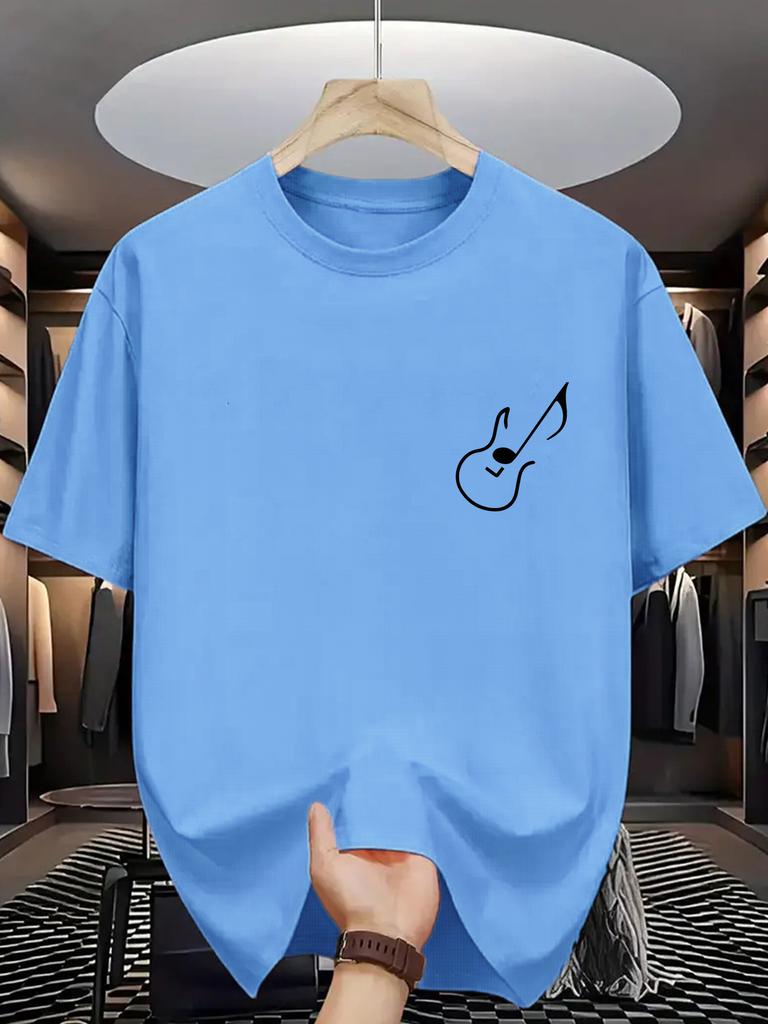 Unisexs Round Neck Tee Tiny Guitar Note Minimal Chest Print Soft Cotton Simple Music Lover Daily Outdoor Short Sleeve Casual Top