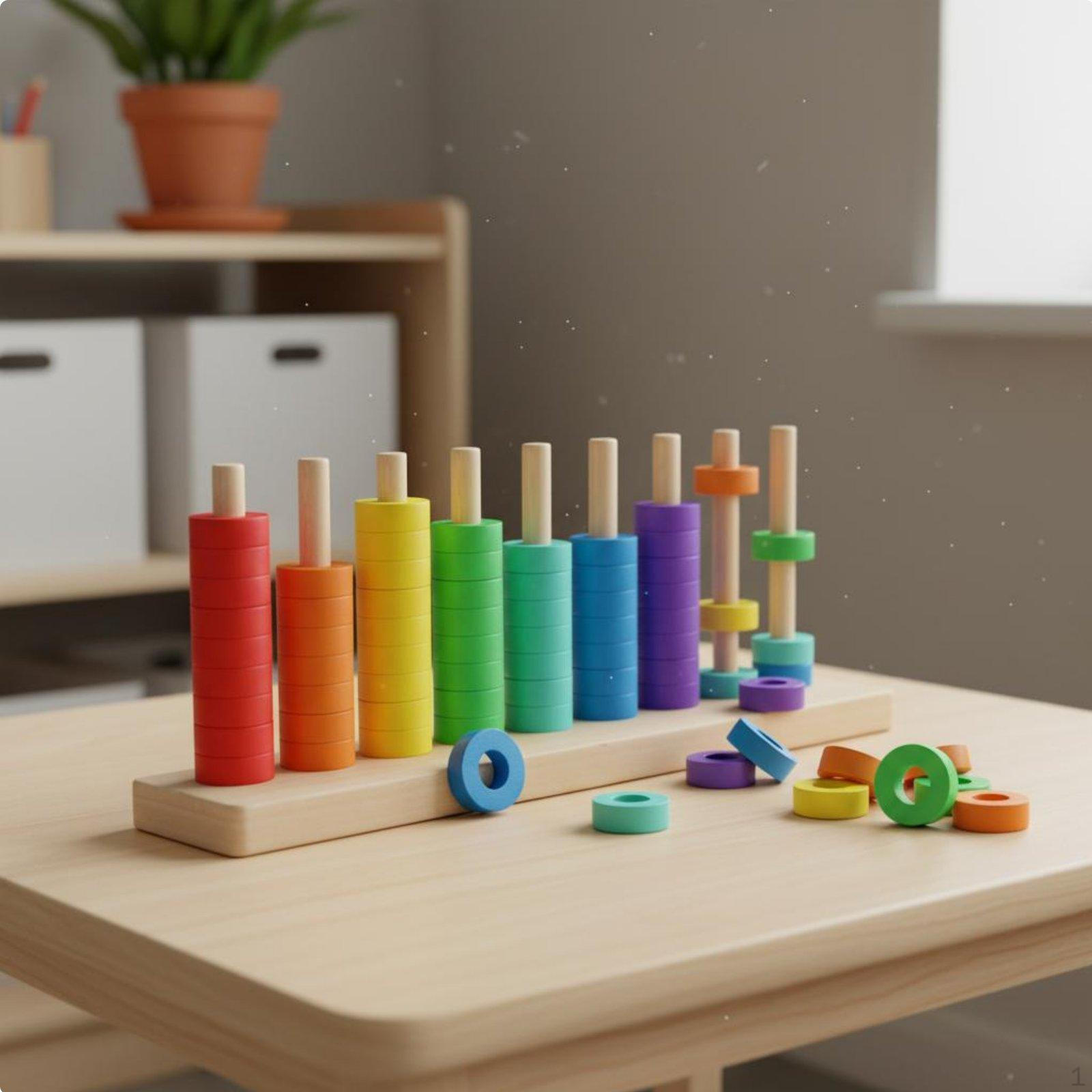 Wooden Disc Stacker Develops Fine Motor Skills Rainbow Color Sorting Toy HandEye Coordination