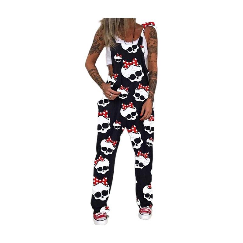 Mono Estampado Calavera Crisantemo Babero Pantalones Pantalones Largos
