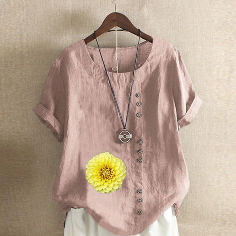 Women's Fashion Round Neck Short Sleeve T-shirt Casual Cotton Linen Graphic Shirt Leisure Loose Flower Prined Summer Blouse Tops