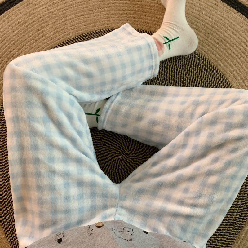 Korean Style Women's Fleece Pajama Pants - Flannel Cartoon Design for Autumn and Winter