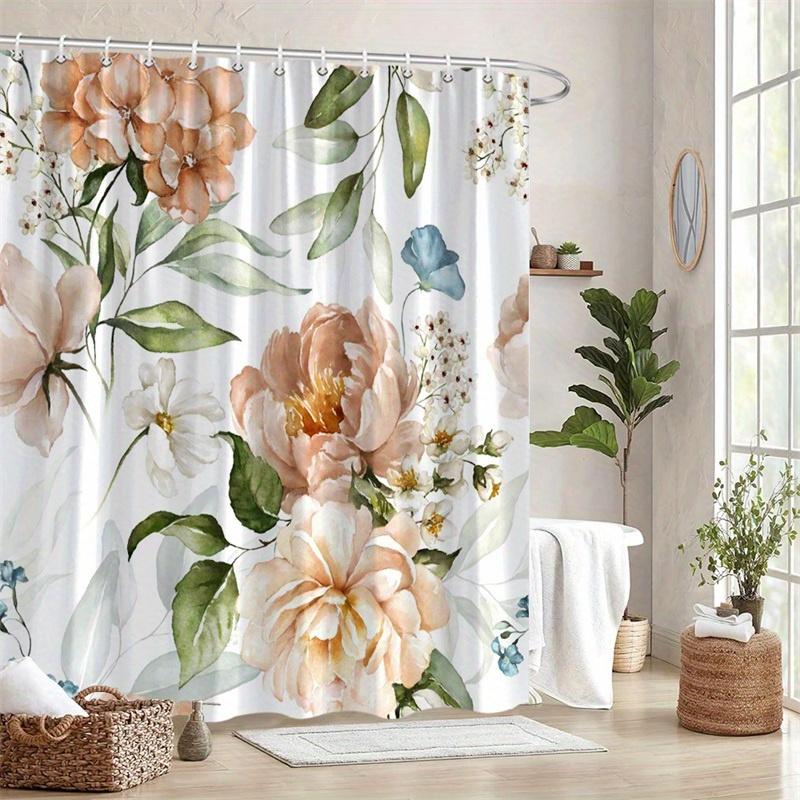 1Pc Peony And Green Leaves Pattern Shower Curtain, Machine Washable Polyester With Hooks, Suitable For Bathroom Decoration