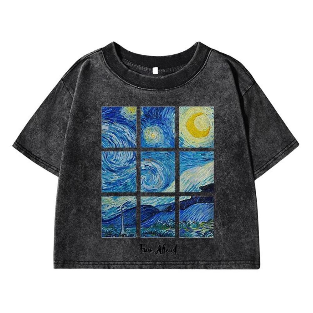 Romantic Starry Sky Painting Printing Women Wash Short Tshirt Breathable Midriff-Baring T-Shirt Distress O-Neck Clothes