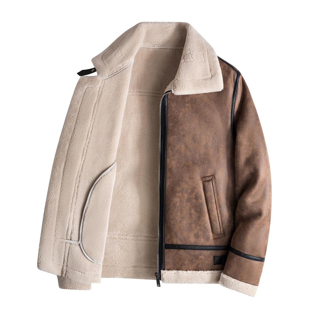 Fur All-in-one Jacket Men's Winter Velvet Thickened Motorcycle Jacket Trendy Brand Casual Jacket Cotton Jacket Lamb Velvet Leather Jacket