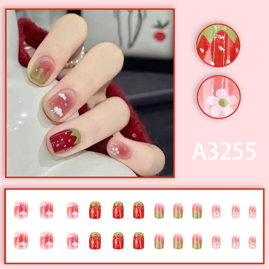 Spring and Summer Cute Cartoon Ice Permeable Dot Strawberry Hepburn Style Small Flower Short Style 24 Wearable Nail Patches