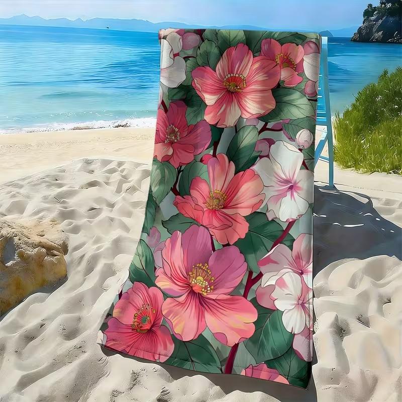Watercolor Pink Hibiscus Floral Beach Towel Tropical Flower Print Towel Soft Absorbent Quick Dry Towel for Women
