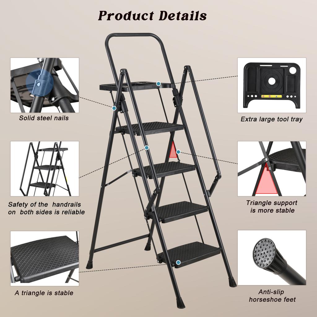 4 Step Ladder, Sturdy Steel Stool with Anti-Slip Wide Pedals, Handrail, Safe-Lock Design, Pass 330 lbs Load Testing, Folding Portable Black